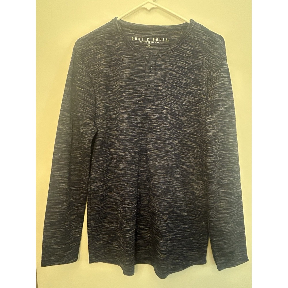 Rustic Souls Navy Blue Henley Long Sleeve Top Tee Shirt Cotton Pullover Mens L